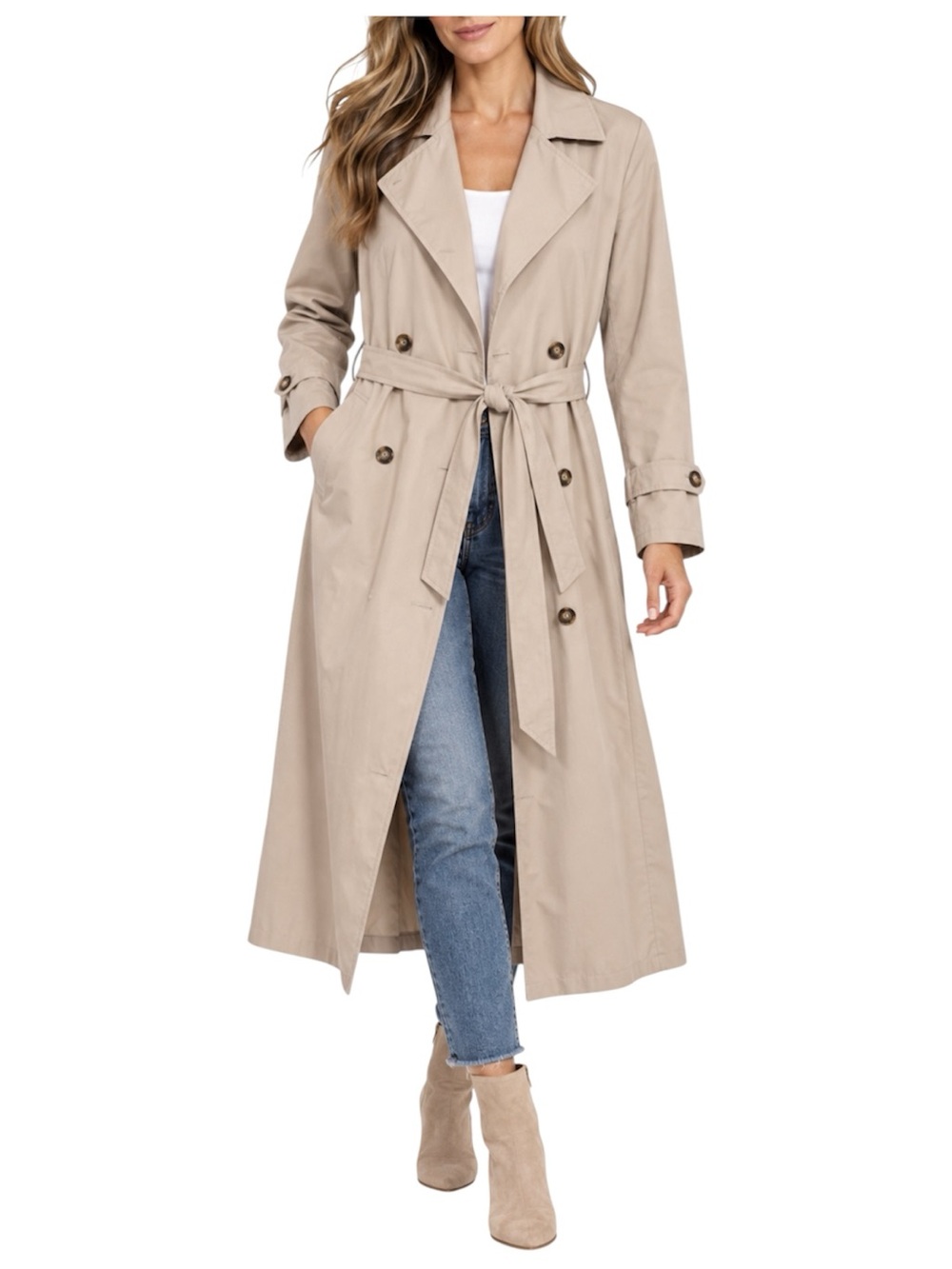 SHEIN Womens Medium Beige Long Trench Coat Belted Lightweight Double Breasted